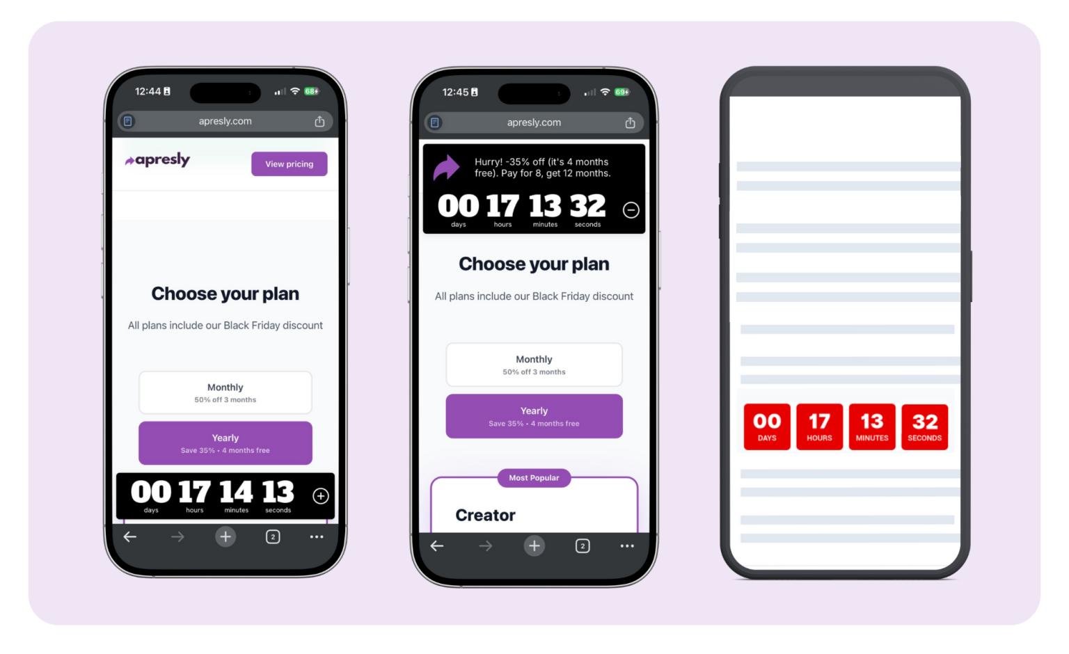Mobile website with an actual Apresly sticky countdown.